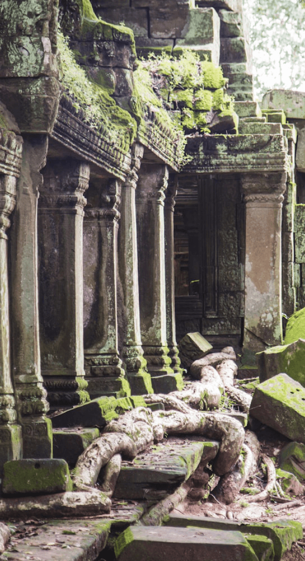 Ancient stone temple ruins glowing in afternoon light