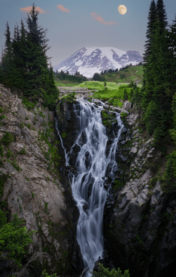 Dramatic waterfall surrounded by lush green rainforest